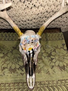 Hand-Painted Deer Skull Wall Art - Colorful Nature Scene